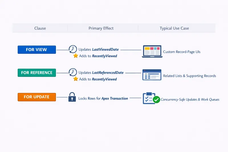 FOR VIEW updates recently viewed data, FOR REFERENCE updates last referenced data, and FOR UPDATE locks rows for an Apex transaction