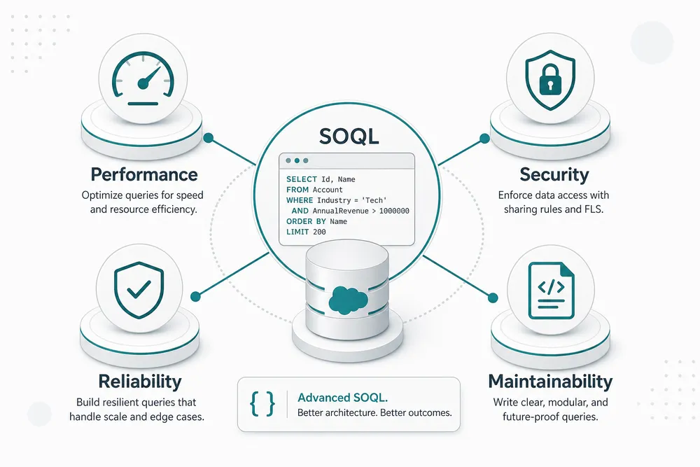 Diagram showing the four pillars of advanced SOQL: performance, security, reliability, and maintainability