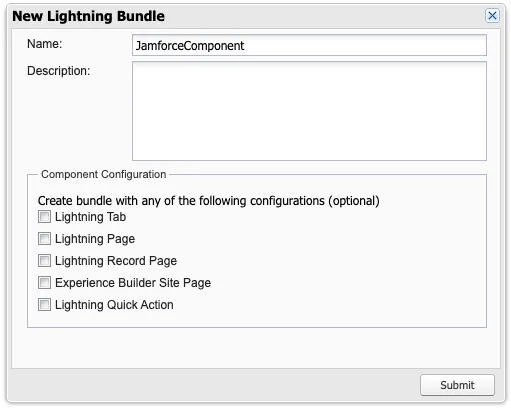 The New Lightning Bundle dialog in the Salesforce Developer Console, with component configuration checkboxes for contexts such as Lightning Tab, Lightning Page, and Lightning Record Page