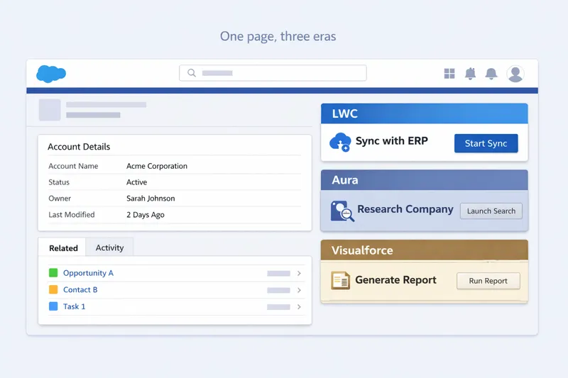 A single Salesforce Lightning page built from labelled blocks for LWC, Aura, and Visualforce, showing one page made of three framework eras.