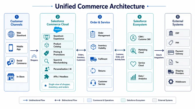 Unified commerce architecture connecting customer channels and Commerce Cloud to order operations, the Salesforce ecosystem, and external systems