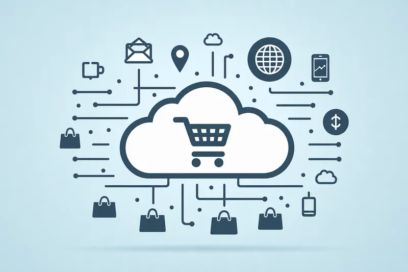 Shopping cart inside a cloud connected to online commerce and mobile shopping symbols