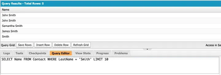 Developer Console Query Editor running a Contact surname filter and returning five matching names