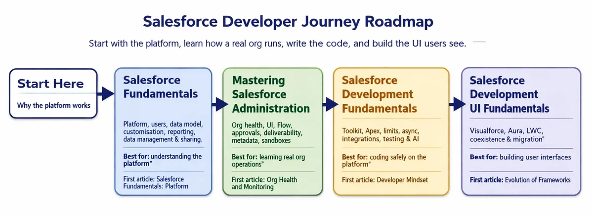 Salesforce Developer Journey moving from platform fundamentals through administration and development to user interface frameworks