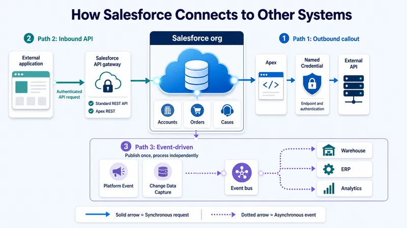 Diagram showing three ways Salesforce connects to other systems: inbound API requests, outbound Apex callouts through Named Credentials, and event-driven Platform Events or Change Data Capture feeding independent subscribers