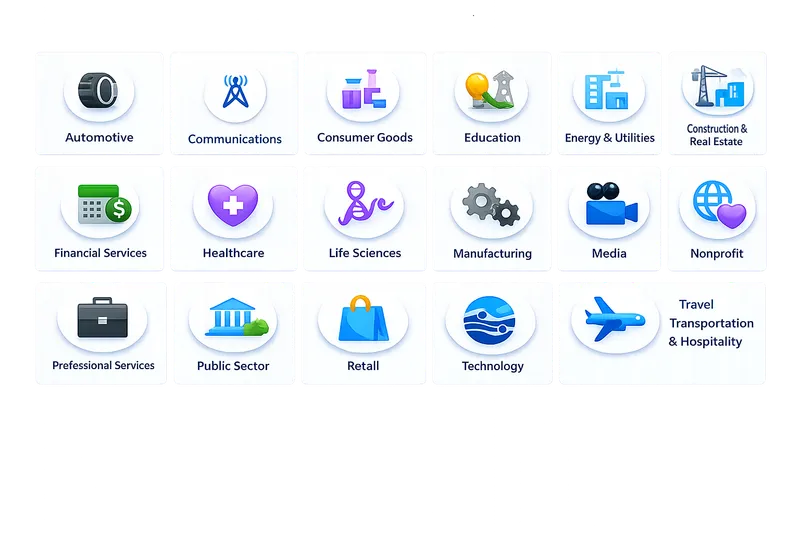Grid of Industry Cloud sectors from automotive and communications through public sector, retail, technology, and travel