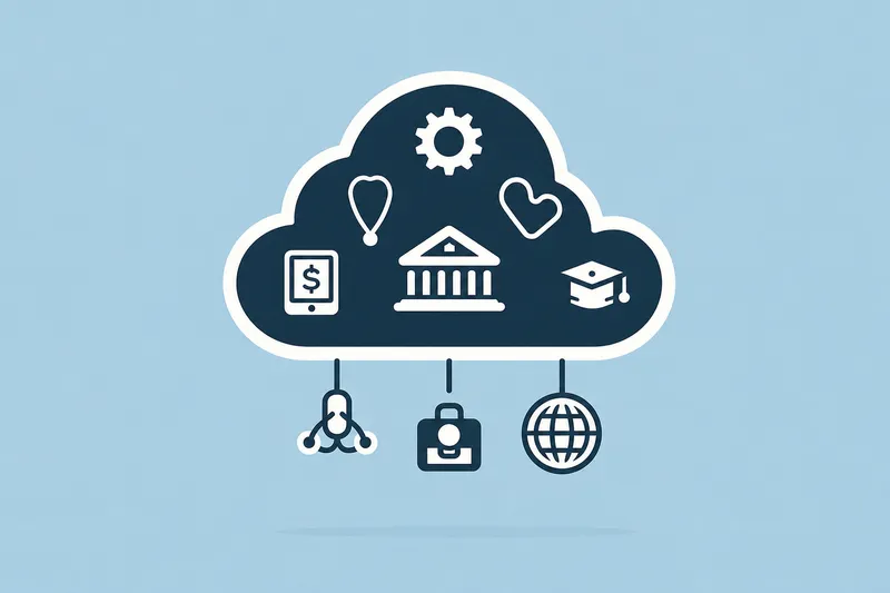Cloud containing finance, healthcare, education, and settings symbols, connected to medical, professional services, and global sectors