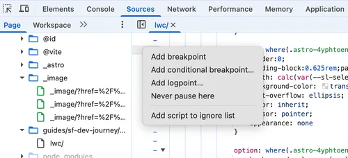 Setting a breakpoint on a line of an LWC in the browser DevTools Sources panel