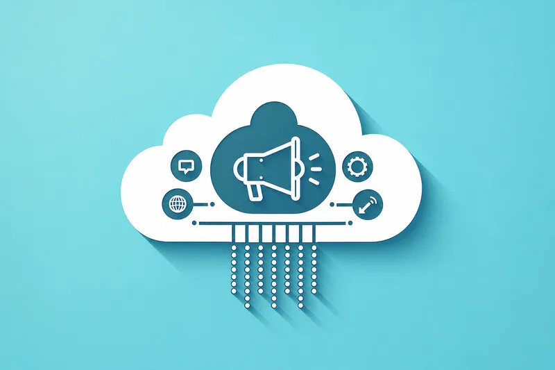 Megaphone inside a cloud connected to messaging, web, settings, and campaign symbols