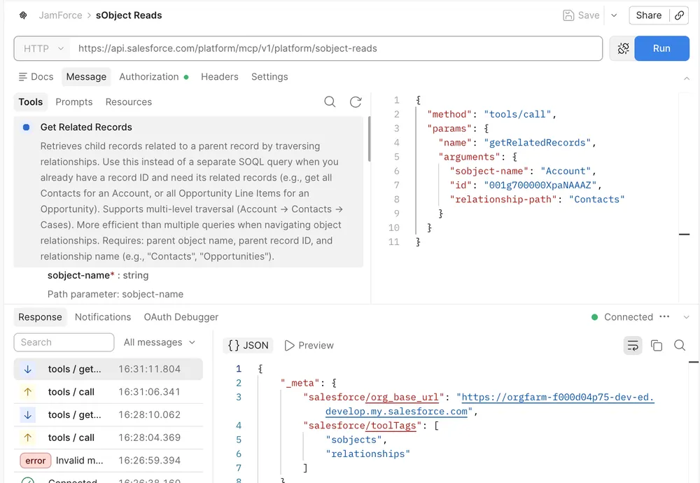 Postman MCP request connected to the non-sandbox sobject-reads server with Get Related Records selected and a JSON response visible