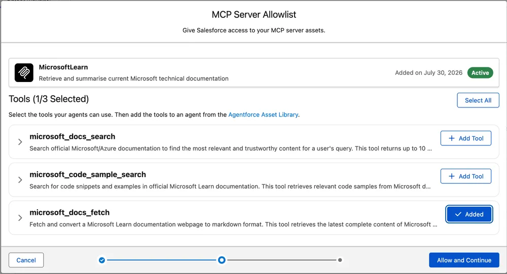 Agentforce Registry MCP Server Allowlist with only microsoft_docs_fetch added and Allow and Continue ready