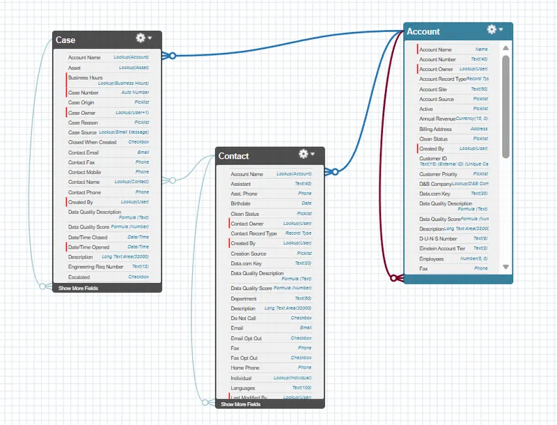 Schema Builder showing Account, Contact, and Case objects connected by relationship lines