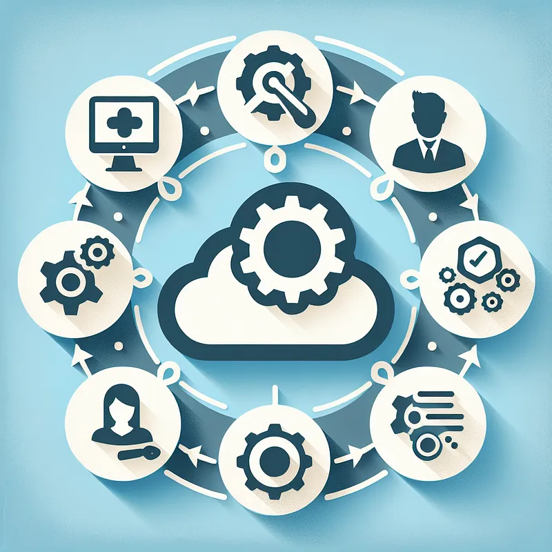 Cloud and gear surrounded by user, security, health, automation, and settings symbols