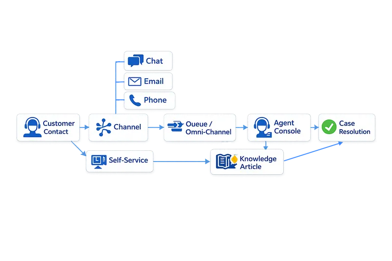Salesforce Service Cloud case flow from inbound channels through routing to agent resolution