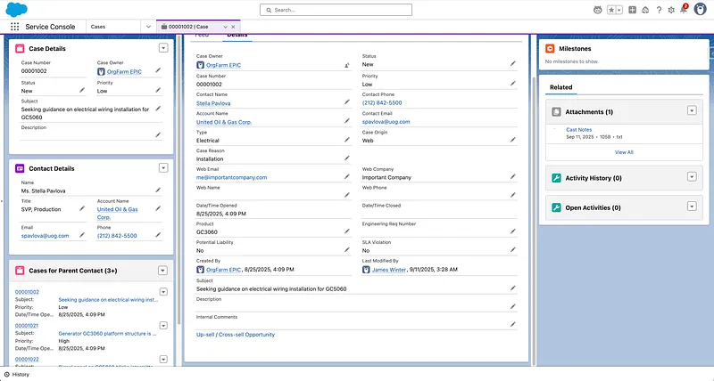Salesforce Service Cloud Lightning console showing case queue and customer context