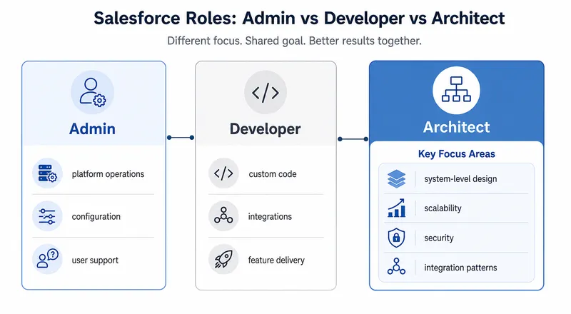Admin, developer, and architect roles compared by platform operations, custom delivery, and system-level design responsibilities