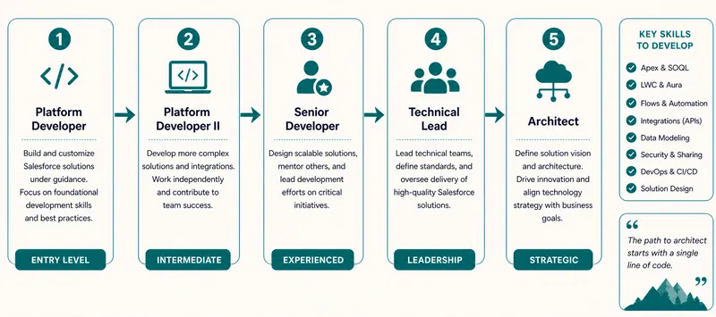 Career path from Platform Developer through senior developer and technical lead to architect, with the skills needed at each stage
