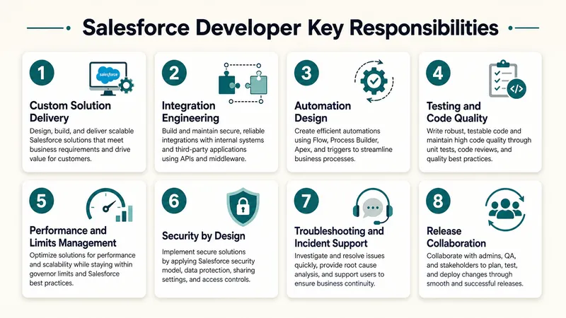 Salesforce Developer key responsibilities diagram showing Custom Solution Delivery, Integration Engineering, Automation Design, Testing and Code Quality, Performance and Limits Management, Security by Design, Troubleshooting and Incident Support, and Release Collaboration