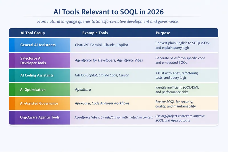 Comparison of AI tool groups relevant to SOQL, with example products and their query-development or governance purpose