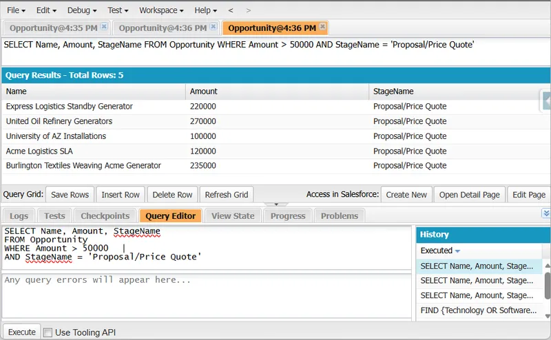 Developer Console returning five opportunities where amount exceeds 50,000 and stage equals Proposal or Price Quote