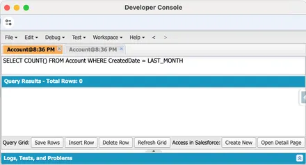 Developer Console COUNT() query with WHERE CreatedDate = LAST_MONTH, its total excluding the two Account records created today