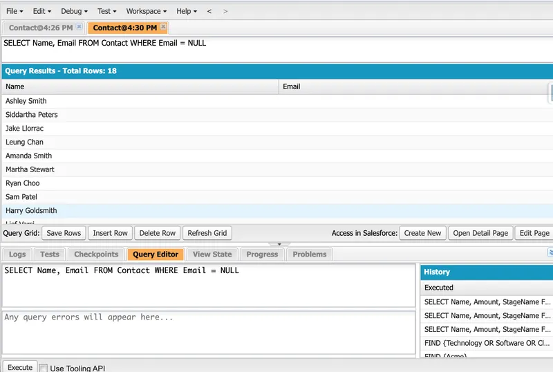 Developer Console Query Editor filtering Contacts whose email is null returning 18 rows