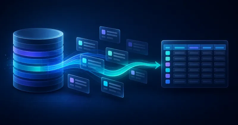 Database records flowing through a query path into a structured result grid