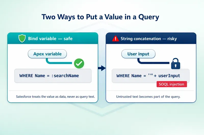 Two-panel diagram titled Two Ways to Put a Value in a Query. The left panel, Bind variable (safe), shows an Apex variable flowing into the query WHERE Name = :searchName with a green shield and check, captioned that Salesforce treats the value as data, never as query text. The right panel, String concatenation (risky), shows user input glued into WHERE Name = ' + userInput with a broken padlock and a red SOQL injection tag, captioned that untrusted text becomes part of the query.
