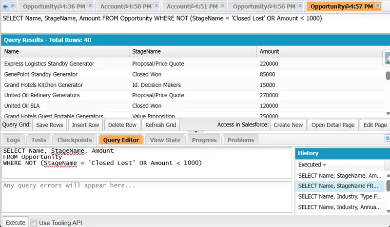 Developer Console excluding opportunities that are Closed Lost or have an amount below 1,000, returning 40 rows