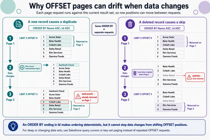 Diagram showing OFFSET pagination drift after data changes: a new earlier record causes Cobalt Labs to appear again on page two, while deleting Acme Solar causes Delta Retail to be skipped.