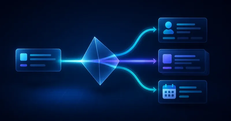 One polymorphic record branching through a prism into person, organisation, and calendar record types