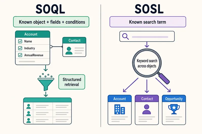 Comparison diagram showing SOQL using a known object, fields, conditions, and defined relationships to return structured records, while SOSL uses a known search term to find matches across several objects