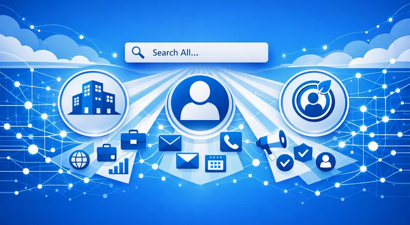 A single search box labelled Search All fanning out to Account, Contact, and Lead icons, with email, phone, and calendar records beneath them
